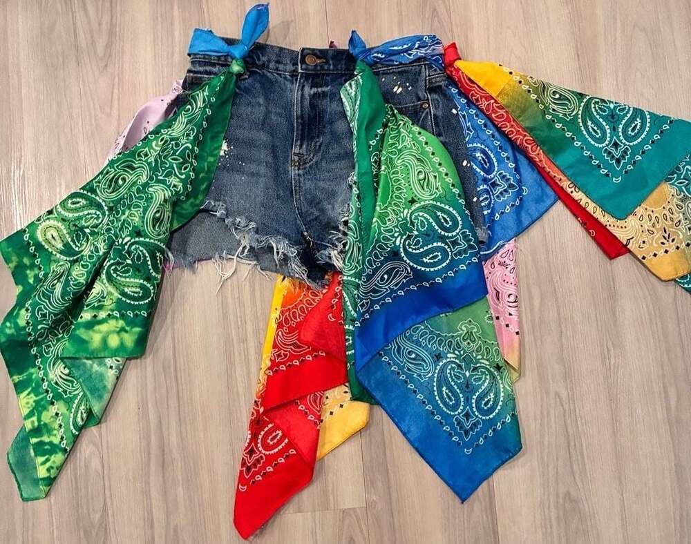 Custom Upcycled Denim Shorts With Multi-Color Bandana Tie Sz3